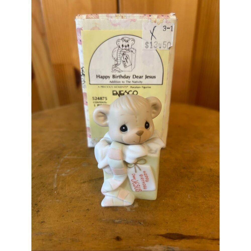 PRECIOUS MOMENTS 1990 CHRISTMAS BEAR PRESENT # 524875 HAPPY BIRTHDAY DEAR JESUS!